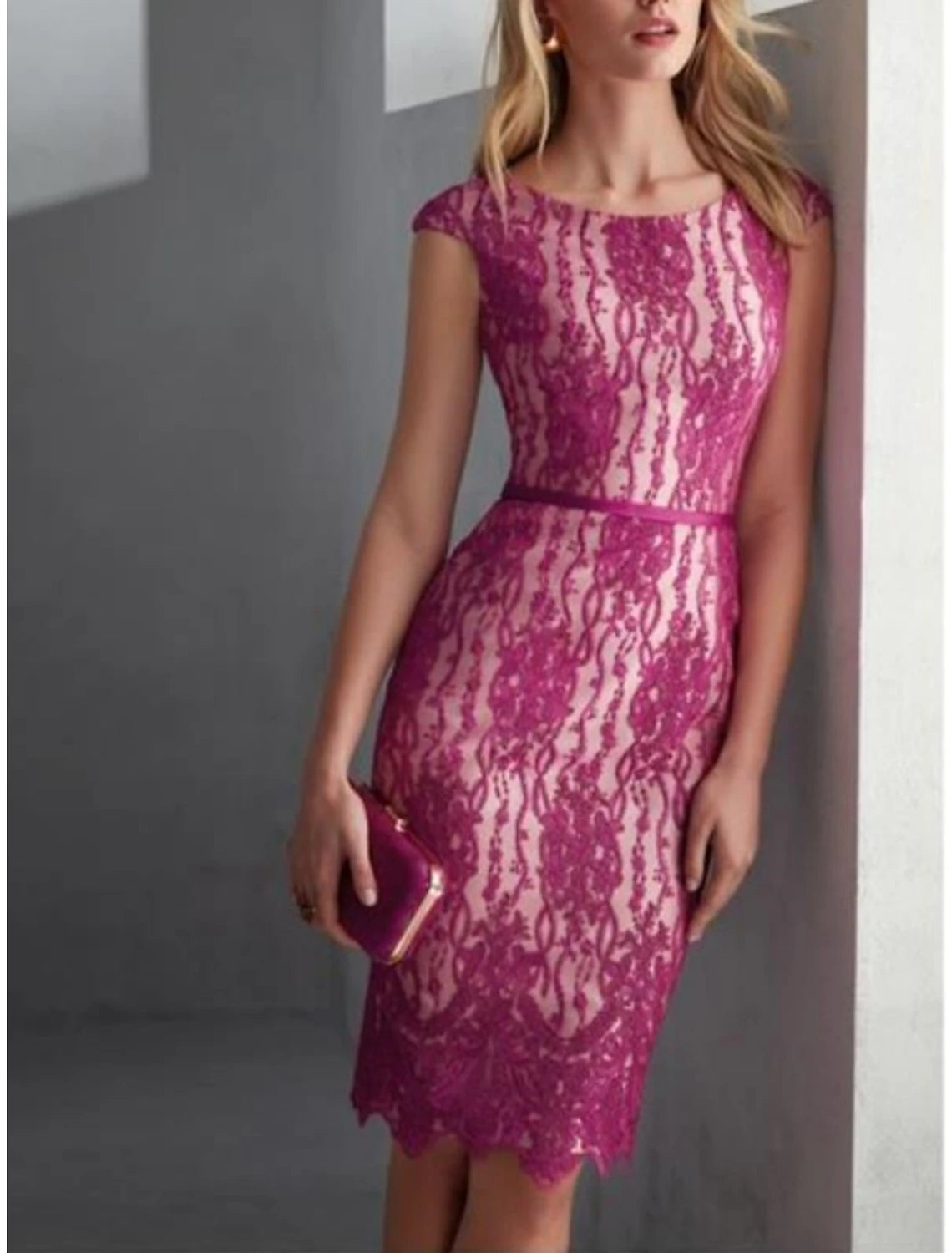 Vestido de dos piezas para madre de la novia, para invitada de boda, elegante, pequeño, escote redondo, largo hasta la rodilla, encaje de satén, manga 3/4 con lazo(s), fruncido, color liso